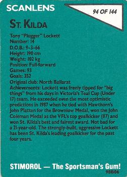 1988 Scanlens VFL #94 Tony Lockett Back